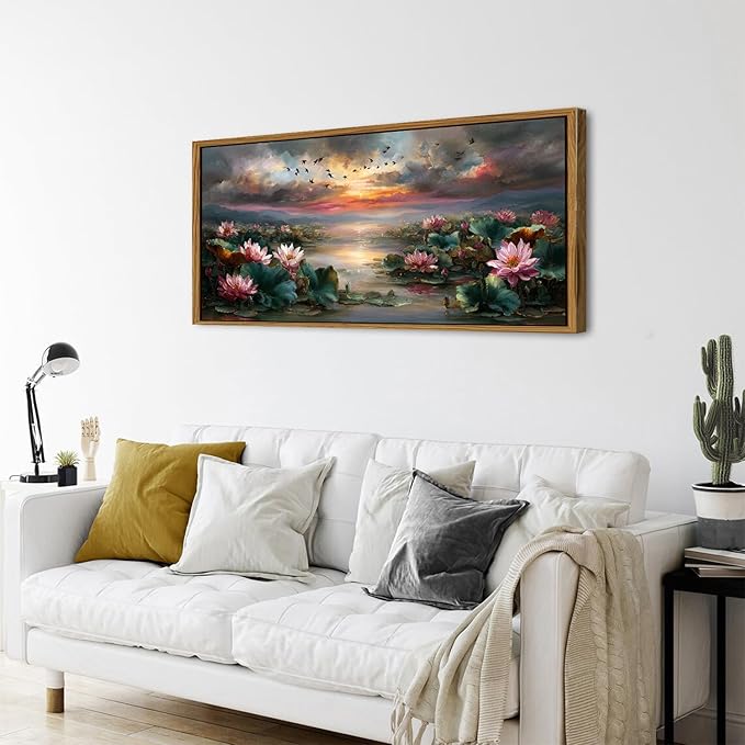 Framed Lotus Flower Decor Zen Wall Art Vintage Pink Floral Pictures Rustic Blooming Botanical Canvas Prints Farmhouse Wildflower Painting Dusk Artwork for Bedroom Living Room Home Decoration 24x48