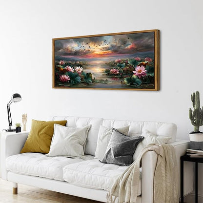 Framed Lotus Flower Decor Zen Wall Art Vintage Pink Floral Pictures Rustic Blooming Botanical Canvas Prints Farmhouse Wildflower Painting Dusk Artwork for Bedroom Living Room Home Decoration 24x48