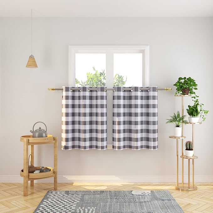 3 Pc Cotton Classic Country Farmhouse Kitchen Window Curtain Grommet Top -Grey & White Buffalo Check Tier & Valance Set, 54" x 18" / 32" x 30"