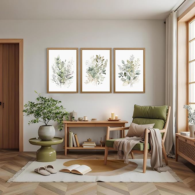 Joocrise Wooden Frame Watercolor Botanical Wall Art Boho Floral Canvas Wall Decor Prints Sage Green Wildflower Wall Art Modern Flower Pictures Botanical Painting for Bedroom Bathroom 16x24x3 Inch