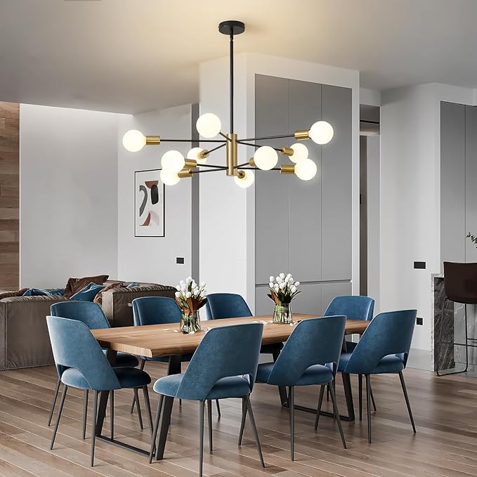 RUIYEY Sputnik Chandeliers Modern Black and Gold Chandeliers 10-Light Mid Century Farmhouse Chandelier Ceiling Light Fixture Height Adustable Pendant Light for Kitchen Island Living Room Dining Room
