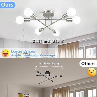 Modern Sputnik Chandelier, 6-Light Ceiling Light Fixture, Bedroom Light Fixture, Sputnik Lights Fixture for Living Room, Dining Room, Kitchen, Office, Foyer, Hallway (Brushed Nickel) - E26 Base