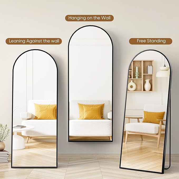 Sweetcrispy 71"x26" Arched Full Length Mirror, Full Body Mirror with Aluminum Alloy Thin Frame, Leaning or Standing, Suitable for Bedroom, Livingroom, Cloakroom, Black