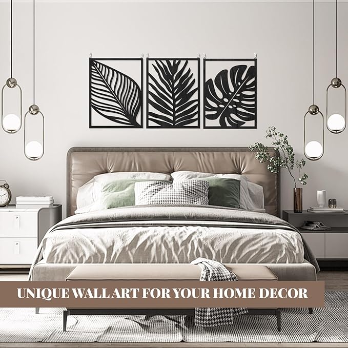 3PCS Black Tropical Wall Art, Wall Decor For Bedroom, Wall Art Decor Leaf Sign Walls Vintage Tropical Plant Wall Rustic Palm Leaf, Modern Wooden Walls Sculptures for for Living room, Bedroom, Office