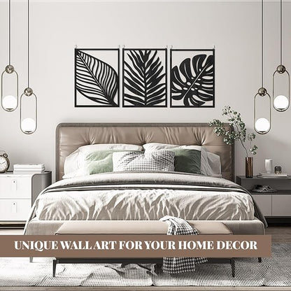 3PCS Black Tropical Wall Art, Wall Decor For Bedroom, Wall Art Decor Leaf Sign Walls Vintage Tropical Plant Wall Rustic Palm Leaf, Modern Wooden Walls Sculptures for for Living room, Bedroom, Office