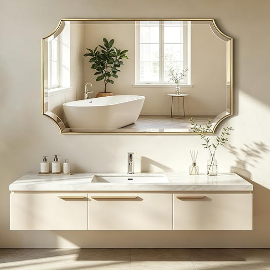 POZINO Rectangle Beveled Mirror, 24"x40" Brushed Gold Bathroom Vanity Mirrors with Stainless Steel Frame, Modern Aesthetic Wall Mirror for Hallway Entryway Living Room, Horizontal or Vertical Hanging