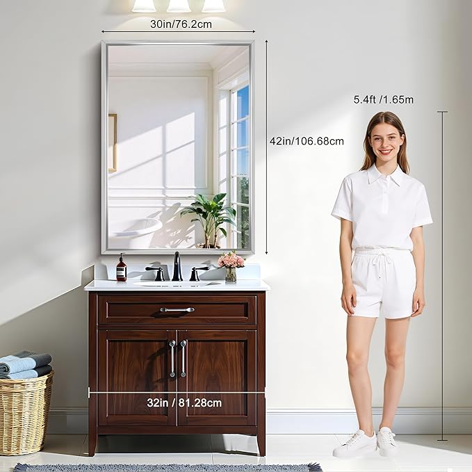 CIRCUMI 30"x42" Brushed Silver Mirror with Chunky Box Metal Frame, Bathroom Mirror for Vanity Remodel & New Home, Living Room, Entryway, Rectangular Wall Mirror, Tempered Glass, Vertical or Horizontal