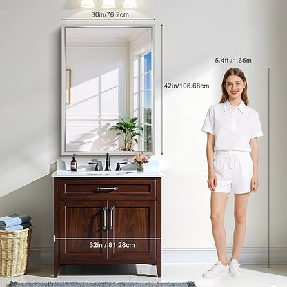 CIRCUMI 30"x42" Brushed Silver Mirror with Chunky Box Metal Frame, Bathroom Mirror for Vanity Remodel & New Home, Living Room, Entryway, Rectangular Wall Mirror, Tempered Glass, Vertical or Horizontal