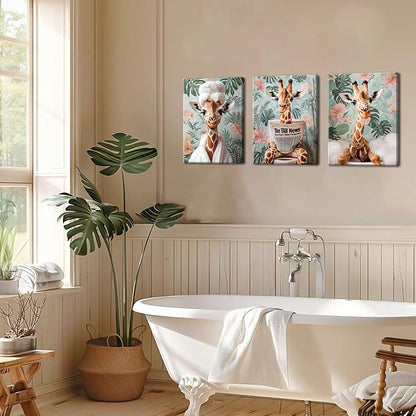 Funny Animal Bathroom Wall Art Set of 3, Cute Giraffe in Toilet Reading Newspaper Wall Decor Paintings Eclectic Giraffe Bathroom Canvas Prints Artwork 12x16 inch Framed