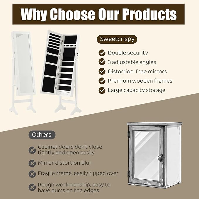 DUMOS Jewelry Armoire Cabinet with Full Length Mirror, 47.3" Jewelry Organizer, Lockable Large Capacity Jewelry Armoire with Drawers, 3 Adjustable Angles, White