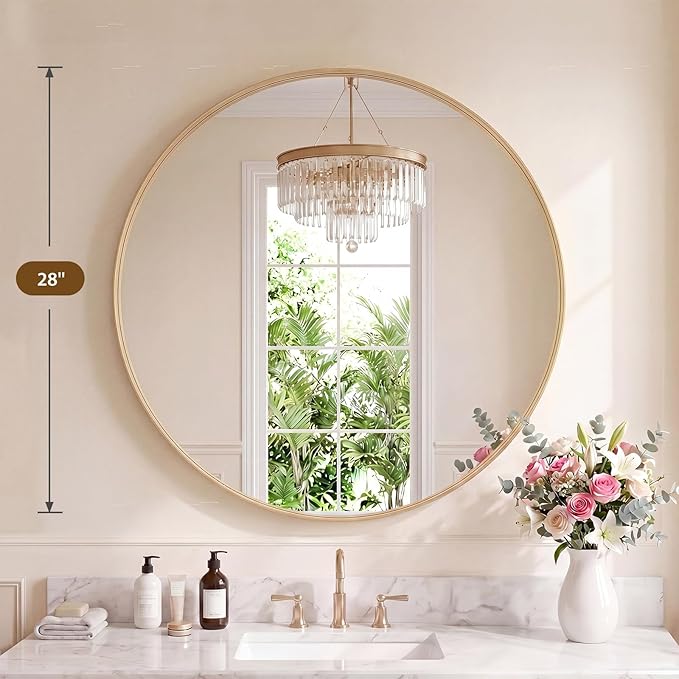 NEWBULIG 28-Inch Round Wall Mirror, Bathroom Wall Circle Mirror with Metal Frame, Bathroom Decor for Entryway, Living Room, Vanity, Gold
