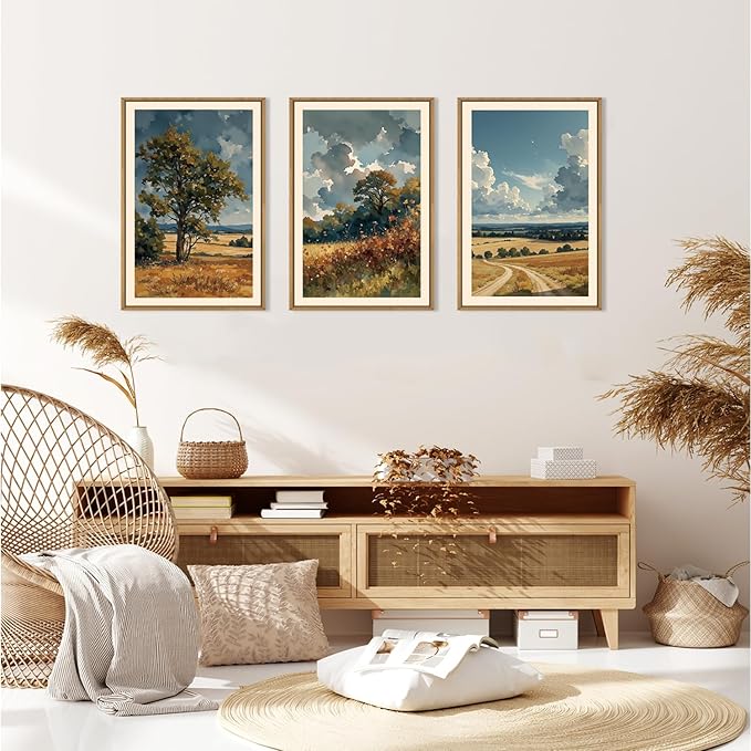 KAIRNE Nature Landscape Framed Canvas Wall Art Set,Watercolor Countryside Forest Wall Decor,Blue Green Scenery Art Prints,Rustic Wilderness Artwork for Living Room,Bedroom,Farmhouse,Office-16 x24 x3