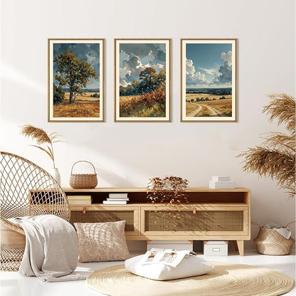 KAIRNE Nature Landscape Framed Canvas Wall Art Set,Watercolor Countryside Forest Wall Decor,Blue Green Scenery Art Prints,Rustic Wilderness Artwork for Living Room,Bedroom,Farmhouse,Office-16 x24 x3