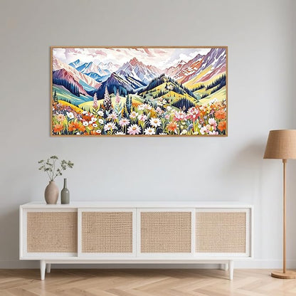 Aryroi Abstract Colorful Floral Mountain Landscape Framed Canvas Wall Art,Natural Boho Woodland Wildflower Decor,Modern Pink Blossom Botanical Artwork for Living Room, Bedroom, Farmhouse-40 x20 x1