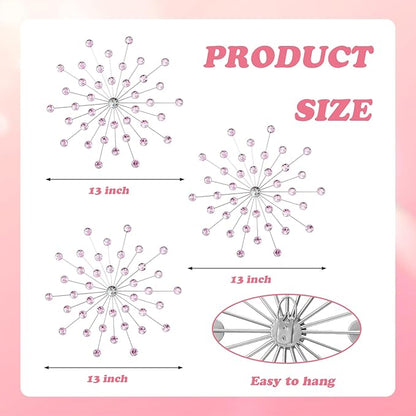 ZEXUIRU 3 Pack Silver Sunburst Wall Decor – Metal Crystal Wall Art with Sparkling Rhinestones, 14’’/18 Inch Starburst Wall Hanging Set for Living Room Bedroom Bathroom – Modern Bling Home Decorations