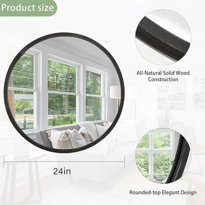 JJUUYOU Black Circle Wall Mirror Round Wood Framed Mirror for Bathroom Hanging Round Mirror for Living Room Vanity Bedroom 24 Inch