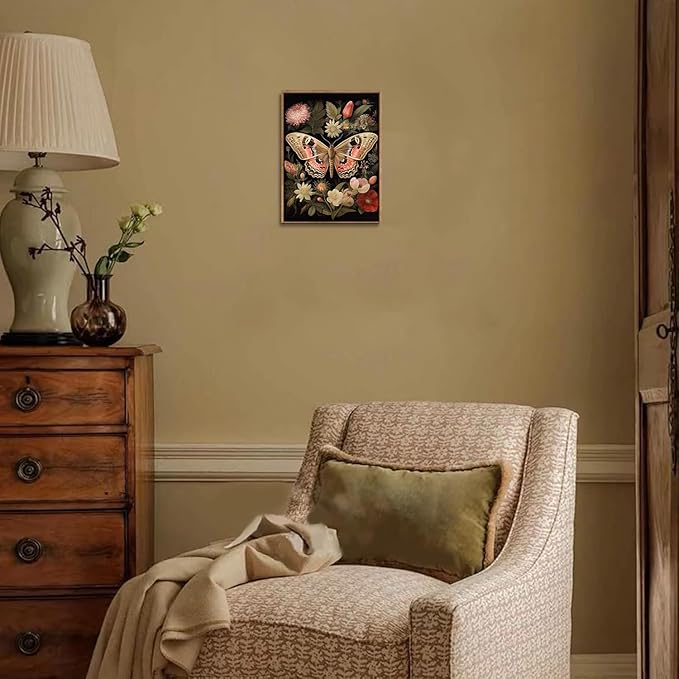 Djmwtb Framed Wall Art Vintage Wall Decor Butterfly Canvas Art Floral Pictures Insect Paintings Botanical Prints Moody Artwork for Bedroom Living Room