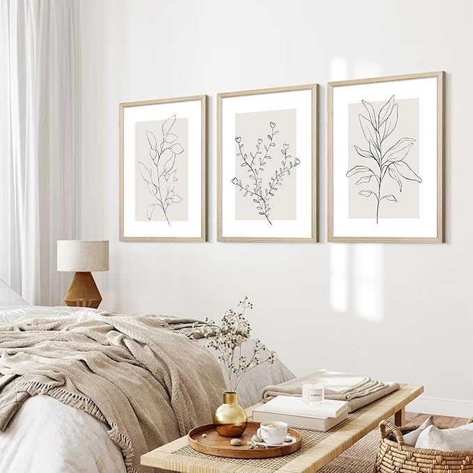 Neutral Botanical Prints Wall Art Decor Plant Minimalist Canvas Pictures Vintage Beige Wall Art Modern Farmhouse Line Poster Boho Abstract Painting Artwork for Bedroom 24x36 Inch Framed Set of 3