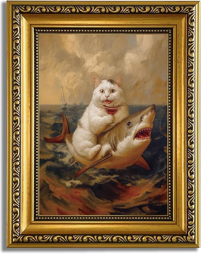 YD&YZY Gold Framed Funny Cat Bathroom Wall Art Canvas Vintage Quirky Humor Wall Decor Cat Riding Shark Martini Painting Picture Print Artwork for Bedroom Living Room Bathroom 8x10 inch Small Framed