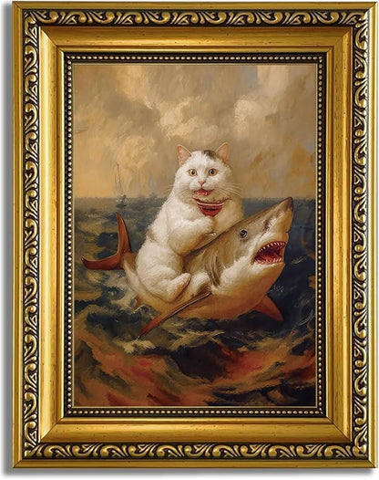 YD&YZY Gold Framed Funny Cat Bathroom Wall Art Canvas Vintage Quirky Humor Wall Decor Cat Riding Shark Martini Painting Picture Print Artwork for Bedroom Living Room Bathroom 8x10 inch Small Framed