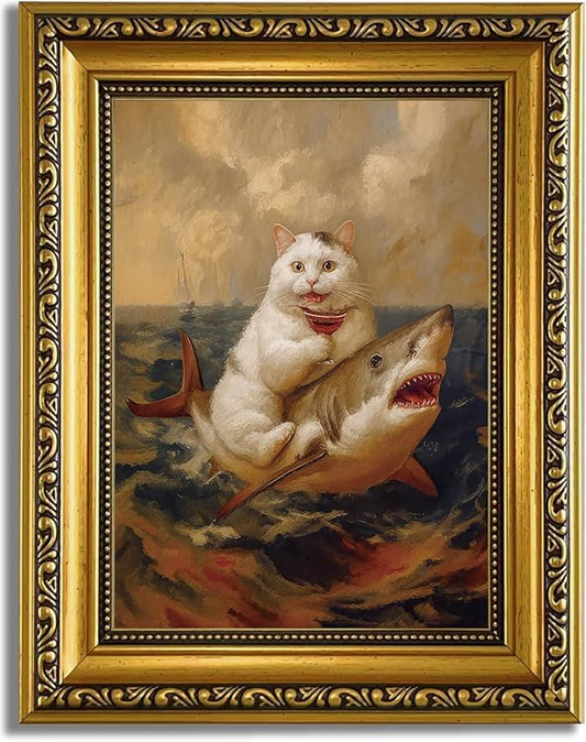 YD&YZY Gold Framed Funny Cat Bathroom Wall Art Canvas Vintage Quirky Humor Wall Decor Cat Riding Shark Martini Painting Picture Print Artwork for Bedroom Living Room Bathroom 8x10 inch Small Framed