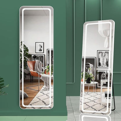 Hasipu Full Length Mirror with Lights, 56" x 16" LED Floor, Full Body Dressing Standing, Hanging Mounted Mirror, Round White