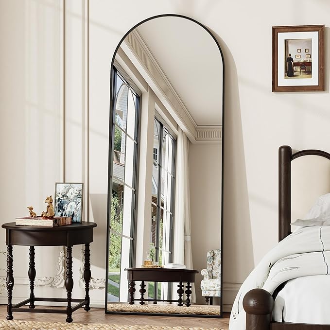 57"x21" Arched Full Length Mirror, Brushed Black Aluminum Frame Floor Mirror with Stand, HD Shatterproof Glass & Rust-Proof Body Mirror for Bedroom, Living Room, Bathroom, Entryway
