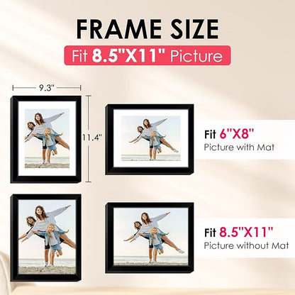 FIXSMITH 8.5x11 Picture Frame, Black Photo Frame with HD Plexiglass, Display Pictures 6x8 with Mat or 8.5x11 Without Mat, Picture Frames Collage for Tabletop or Wall Display, 2 Pack