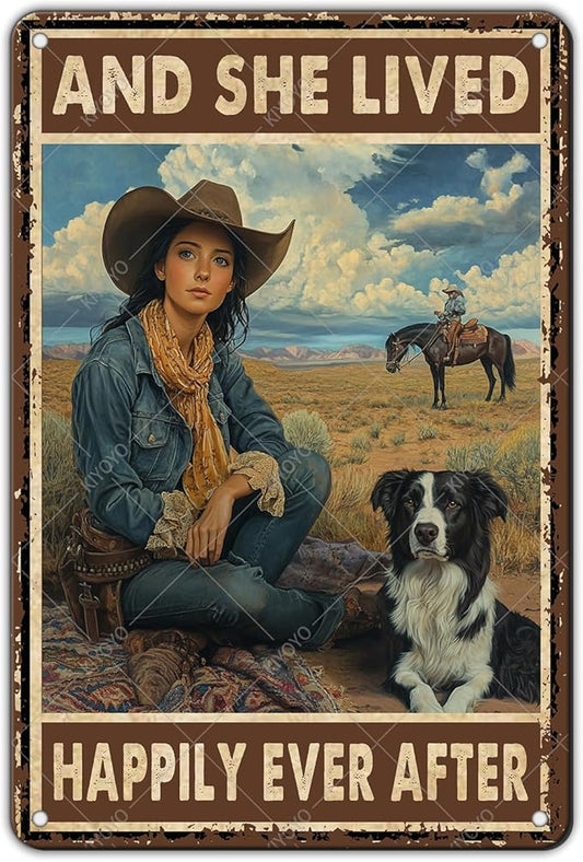 Cowgirl Metal Tin Signs and She Lived Happily Ever After Decorative Poster Wall Art Decoration for Home Bar Club Coffee shop 12x8 Inch