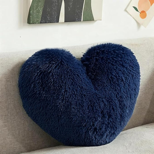 MorroMorn Fluffy Heart Throw Pillows, Shaggy Decorative Pillow for Sofa Couch Bed, Cute Room Decor Decorations for Women Girls Kids (Navy)