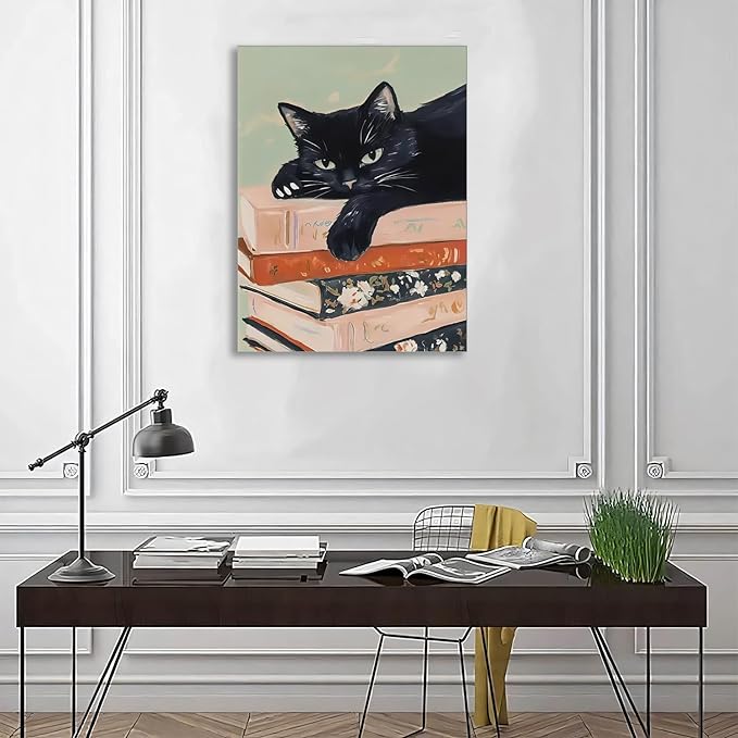 Framed Black Cat Canvas Wall Art, Funny Cat lying on a pile of books Painting, Abstract Animal Posters Prints Wall Decor for Living Room Bathroom Gallery Dining Room Decor 16x24 inch