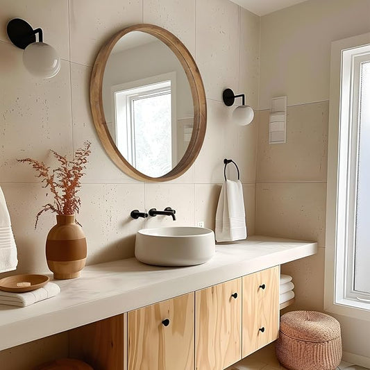 36" Bathroom Mirror, Round Wall Mirror with Wood Frame, Farmhouse Mirrors for Wall Decor, Wall-Mounted Mirrors for Bedroom, Living Room, Brown