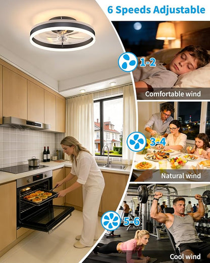 RGB Ceiling Fan with Lights, Low Profile Ceiling Fans with Lights and Remote, Flush Mount LED Fan Light, Modern Bladeless Fandelier for Bedroom Works with APP, 16IN Black