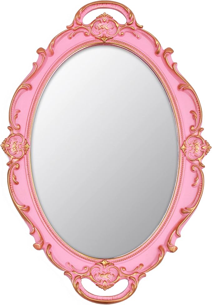 YCHMIR Vintage Small Mirror 14.5 x 10 inch Oval Pink Wall Mirror