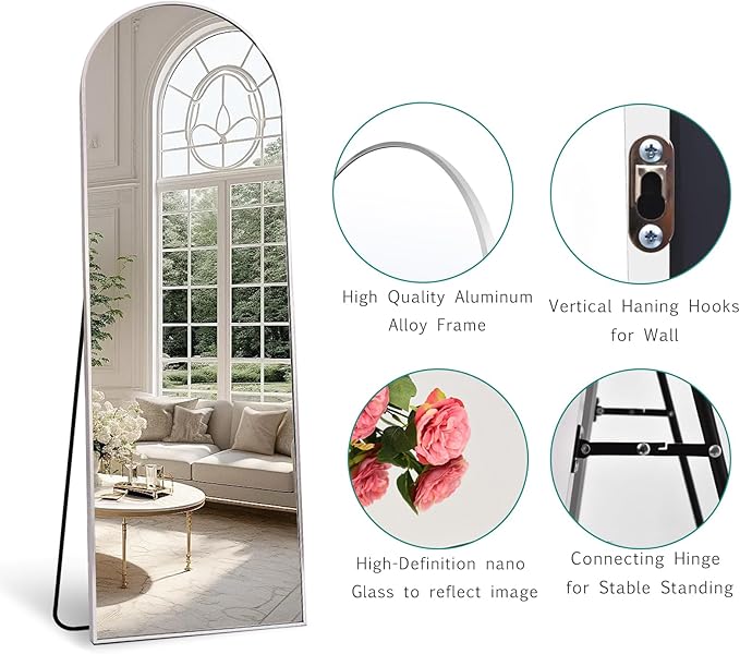 65''x22'' Arched Full Length Mirror with Stand, Full Body Mirror Full Length Floor Freestanding, Wall Mounted Mirrors for Bedroom Living Room Cloakroom (White)
