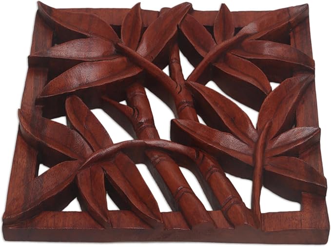 NOVICA Leaf and Tree Wood Relief Panel Wall Sculpture, Brown, Bamboo Copse'
