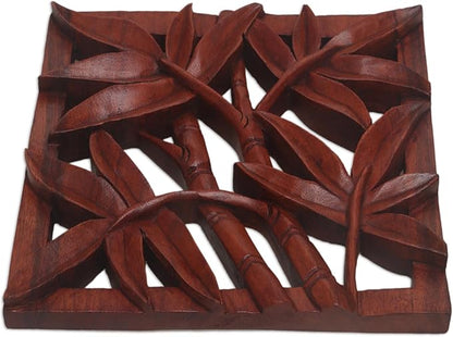 NOVICA Leaf and Tree Wood Relief Panel Wall Sculpture, Brown, Bamboo Copse'