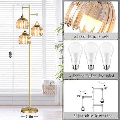 AHDWDW Gold Floor Lamp for Living Room Bedroom,3 Lights Mid Century Modern Floor Lamps with Flower Glass Shades,68IN Tall Standing Lamp with Bulbs,Vintage Tree Floor Lamp for Corner Office Reading