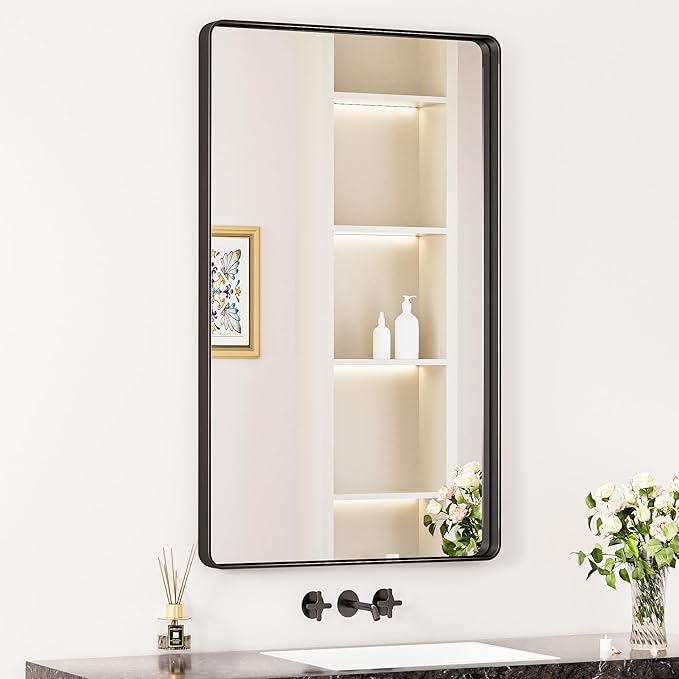 Keonjinn Black Vanity Mirror, 40 x 24 Inch Rounded Rectangle Matte Black Bathroom Mirrors for Over Sink, Anti- Rust Farmhouse Mirror with Seamless Metal Frame, HD Tempered Glass, Sandblasted Finish