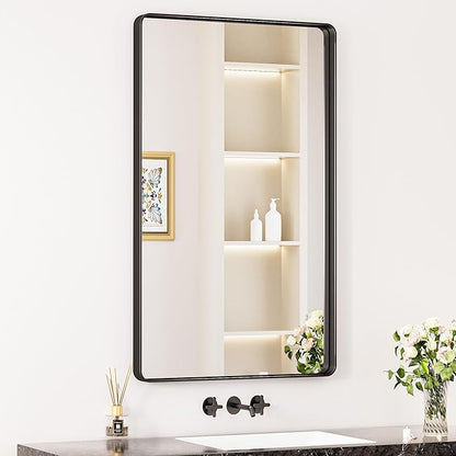 Keonjinn Black Vanity Mirror, 40 x 24 Inch Rounded Rectangle Matte Black Bathroom Mirrors for Over Sink, Anti- Rust Farmhouse Mirror with Seamless Metal Frame, HD Tempered Glass, Sandblasted Finish