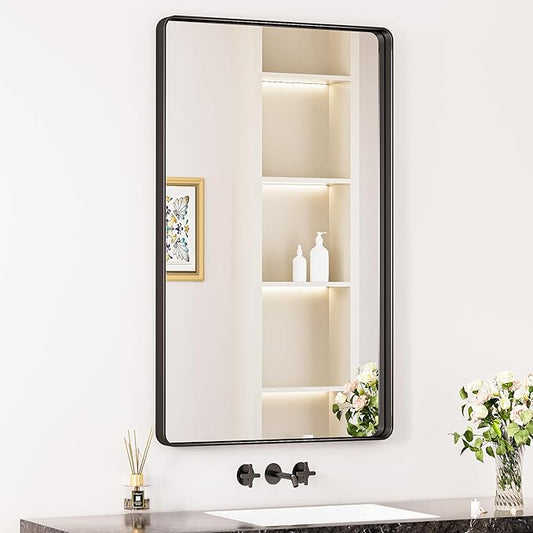 Keonjinn Black Vanity Mirror, 40 x 24 Inch Rounded Rectangle Matte Black Bathroom Mirrors for Over Sink, Anti- Rust Farmhouse Mirror with Seamless Metal Frame, HD Tempered Glass, Sandblasted Finish