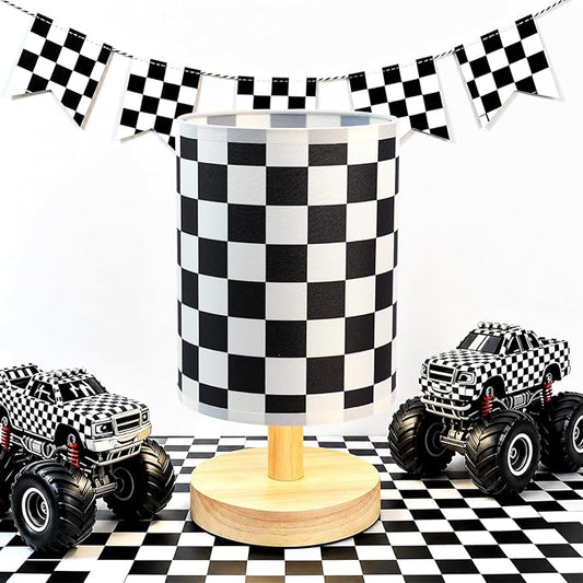 Black White Checkered Table Lamp for Bedroom Kids Bedside Lamp with Linen Wooden Nightstand Cartoon Nursery Lampshade for Checkered Decor