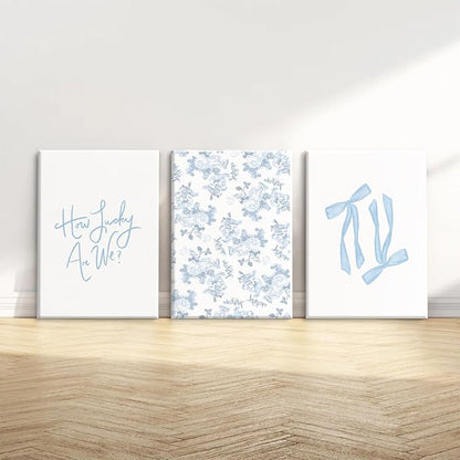Blue Bow Wall Art Floral Canvas Wall Decor Coquette Flower Wall Art Trendy Aesthetic Poster Girly Preppy Pictures Blue Floral Prints for Living Room Bathroom 12x16 Inch Framed Set of 3