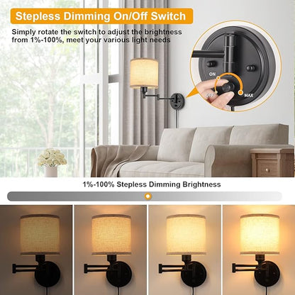 GOODATE ENCOMLI Dimmable Plug in Wall Sconces, Swing Arm Wall Lamp, Wall Sconces Set of Two, Plug in Wall Light, Sconces Wall Decor Set of 2, Linen Fabric Shade, 2pcs Bulbs Included