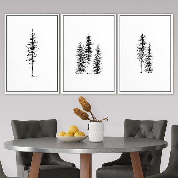 SIGNLEADER Framed Canvas Print Wall Art Three Pine Tree Portraits Nature Flower Drawings Modern Art Zen Scenic Relax/Calm Black and White for Living Room, Bedroom, Office - 24"x36"x3 WHITE