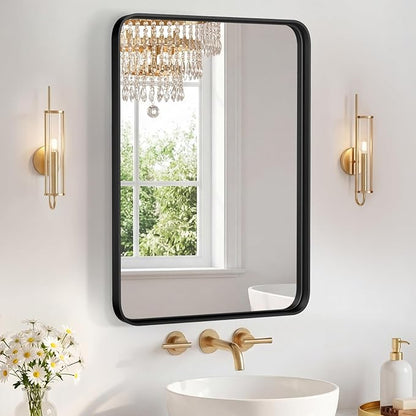 NEWBULIG 20X28 Inch Bathroom Mirror for Over Sink, Wall Vanity Mirrors Tempered Glass, Anti-Rust Metal Framed Rounded Rectangle, Hangs Horizontally or Vertically, Farmhouse Home Decor, Black