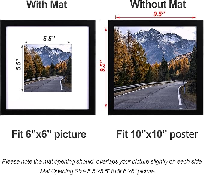 Yaetm 10x10 Picture Frames Black Set of 9, Square 10x10 Frame Displays 6x6 with Mat or 10 x 10 without Mat, Gallery Wall Frames for Wall Hanging (9 Pack, Black)