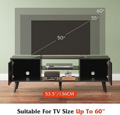 WLIVE Mid-Century Modern TV Stand for 55/60 Inch TV, Entertainment Center with Storage & Adjustable Shelves, Media Console with Soft-Close Cabinets for Living Room/Bedroom, Black