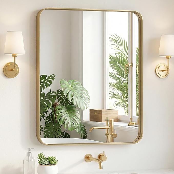 Sweetcrispy Bathroom Wall Mirror, 36x30 Inch Wall Mount Mirror for Over Sink, Modern Rounded Rectangle Vanity Mirror with Matte Metal Framed, for Home Decor, Living Room, Bedroom, Gold
