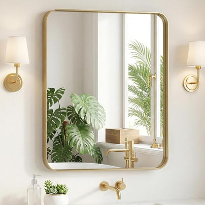 Sweetcrispy Bathroom Wall Mirror, 36x30 Inch Wall Mount Mirror for Over Sink, Modern Rounded Rectangle Vanity Mirror with Matte Metal Framed, for Home Decor, Living Room, Bedroom, Gold